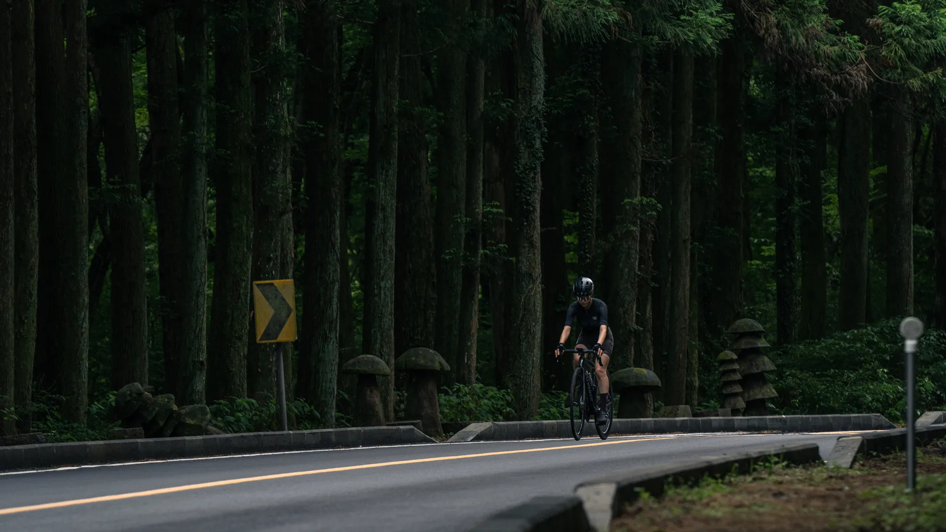 Akro Cyclist riding on the road in the forest